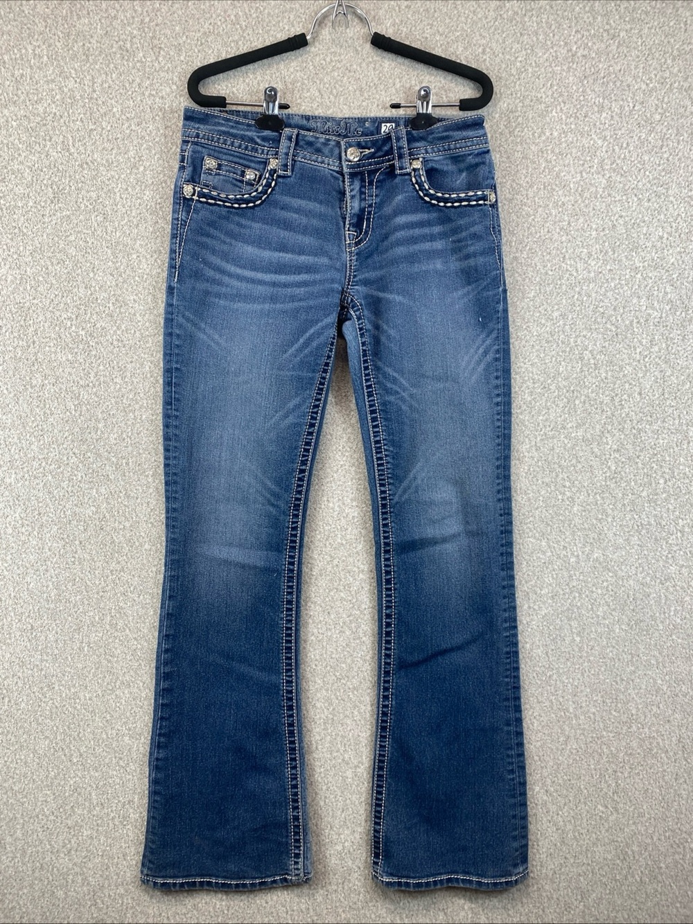 Miss Me Mid Rise Bootcut Jeans Size 29 Rhinestone Pockets Shredded Heels Long